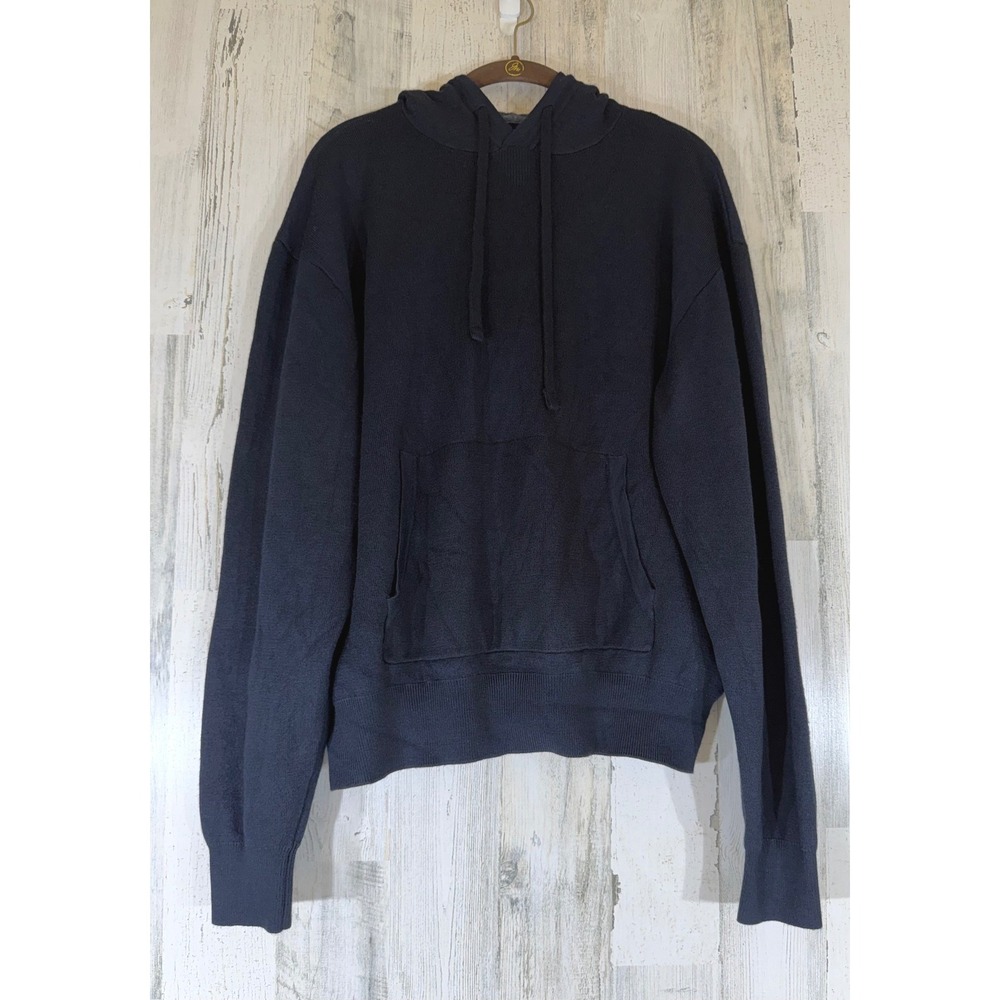 Zara Knit Hoodie Sweater XL Navy Wool Blend Pullover Relaxed Casual Minimalist